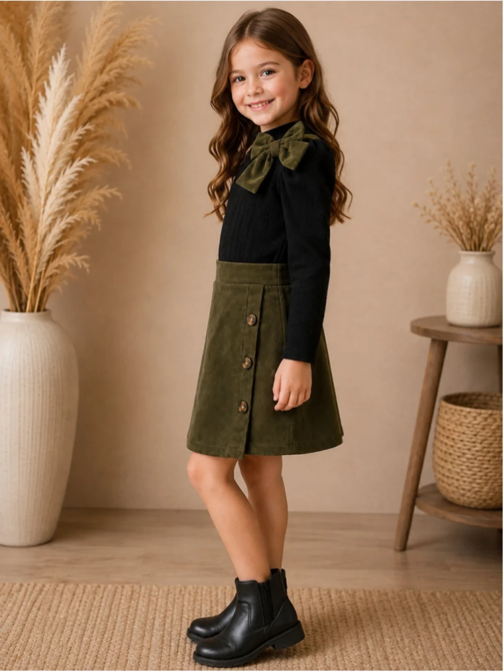 Girl’s Ribbed Knit Bow Sweater & Corduroy Skirt 2-Piece Set – Size 5